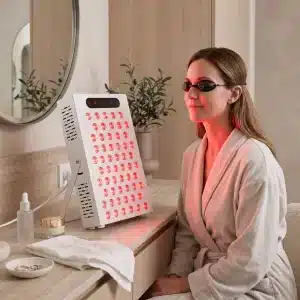 NeuroActive 300W red light therapy panel used for a facial skincare session