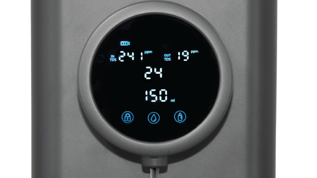 Close-up of the DNA Water Purifier 2 display with temperature and TDS readings
