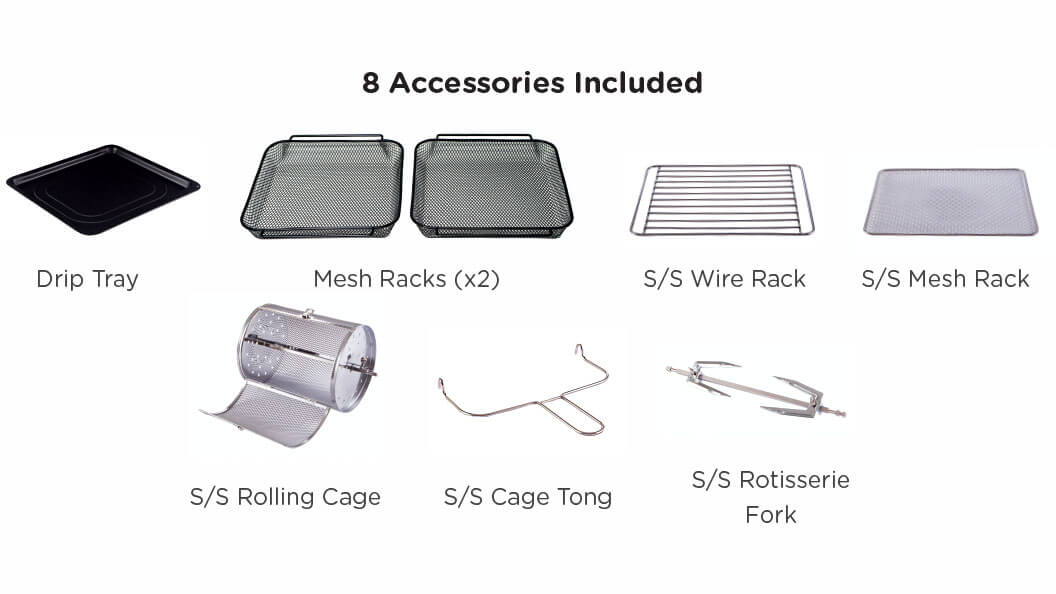 The eight accessories supplied with the DNA Airfryer Oven Lean Edition