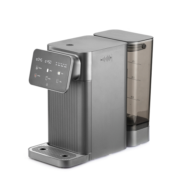 Cara CA2901 benchtop reverse osmosis water station in silver, front three-quarter view showing the control panel and feed tank
