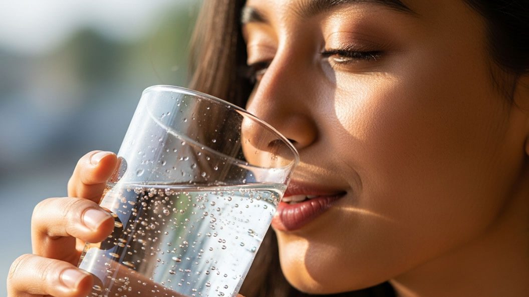 Woman drinking a glass of chilled sparkling water from the DNA Water Bar