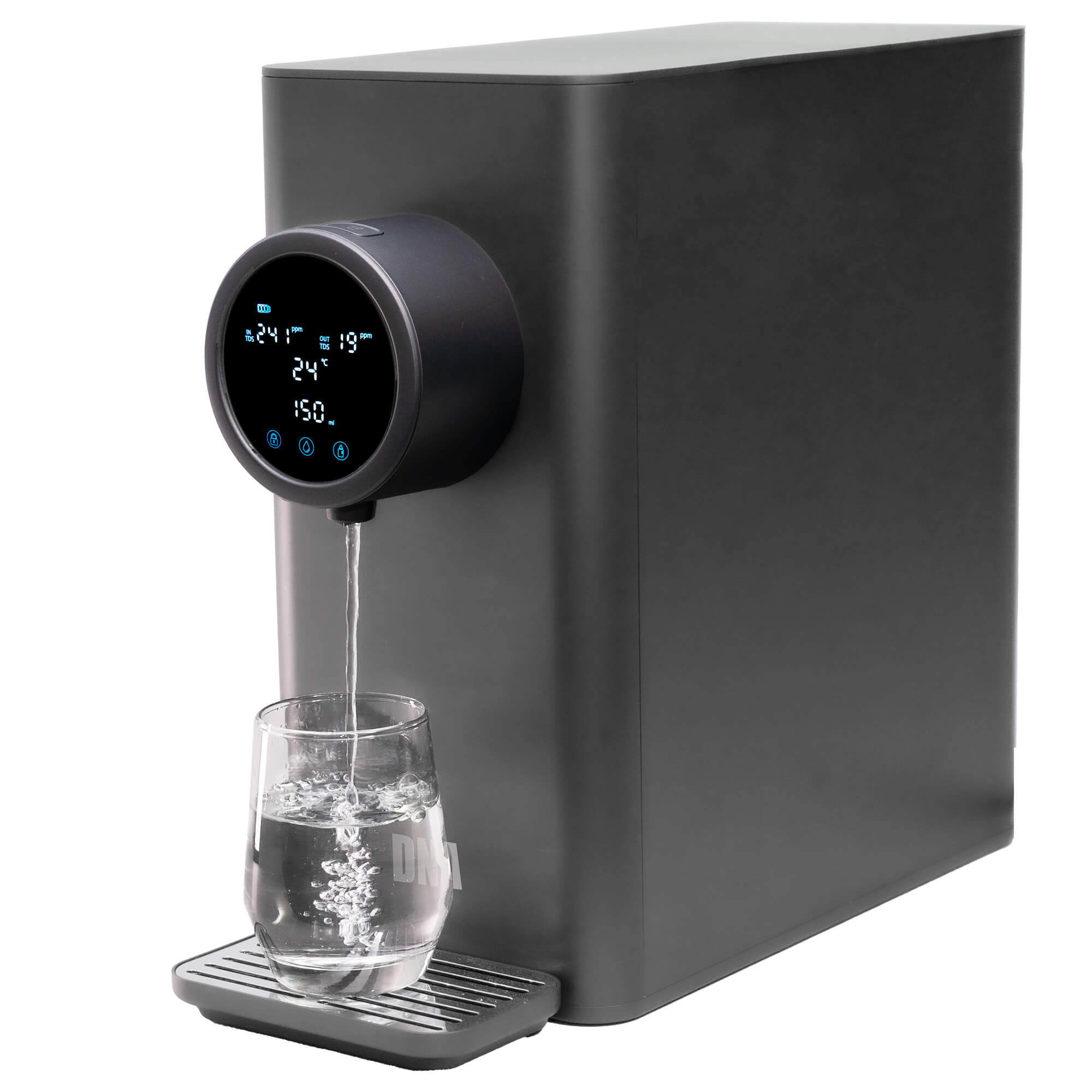 DNA Water Purifier 2 countertop reverse osmosis purifier dispensing water into a glass