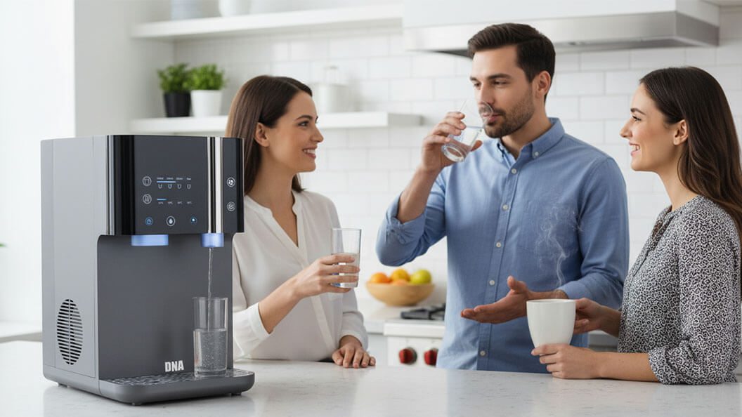 Colleagues drinking water poured from the DNA Water Bar in an office kitchen