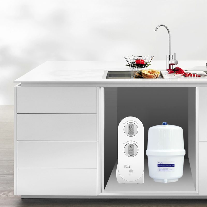 DNA Pure Flow installed in a kitchen cupboard under the sink with its own faucet above