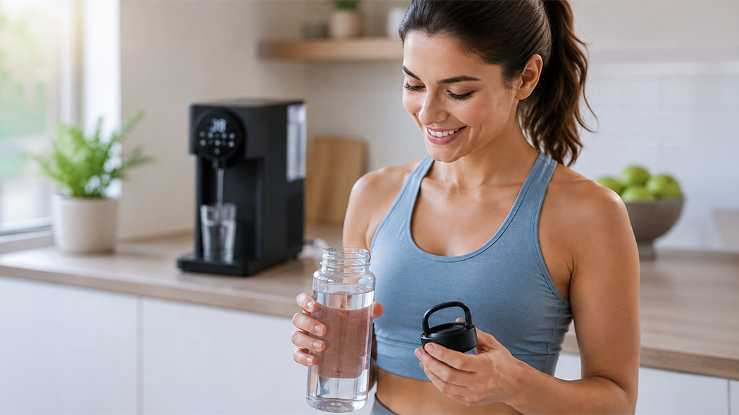 Woman closing a water bottle filled from the DNA Water Cooler