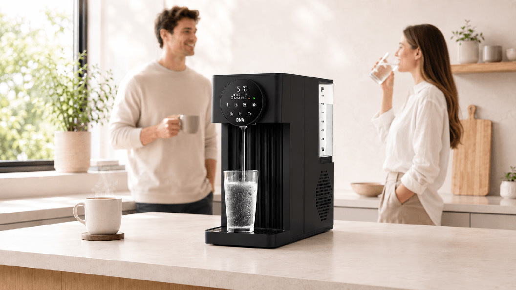 DNA Water Cooler on a kitchen counter pouring chilled water, with a mug of coffee in front
