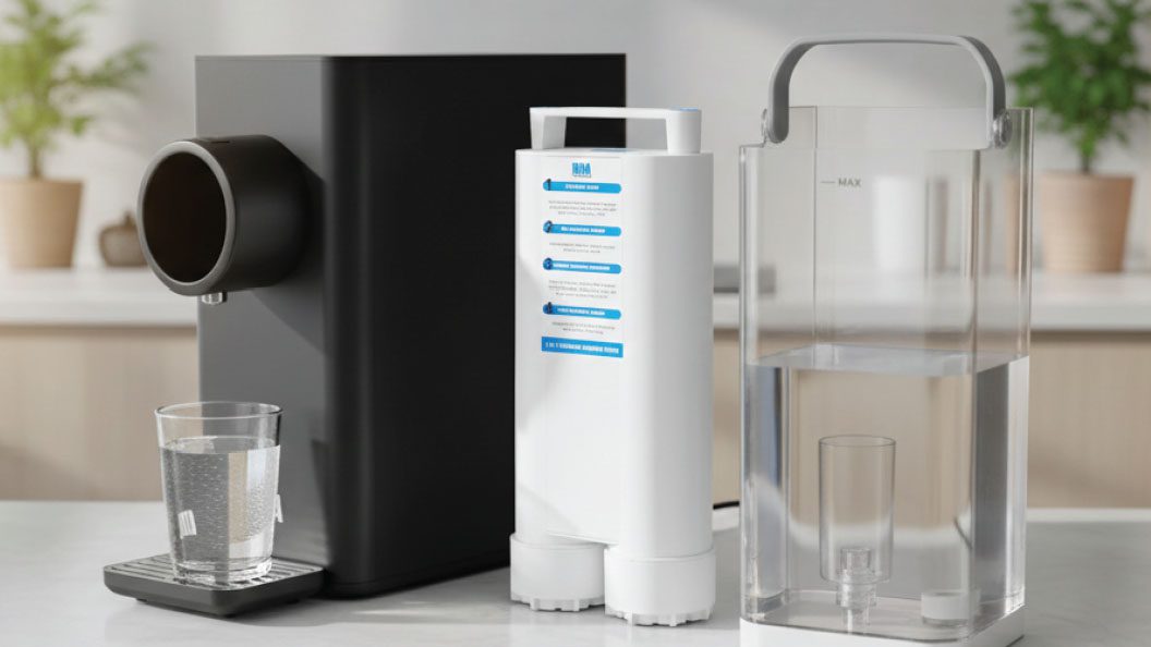 DNA Water Purifier 2 with its filter cartridge and removable 5 litre tank on a kitchen counter