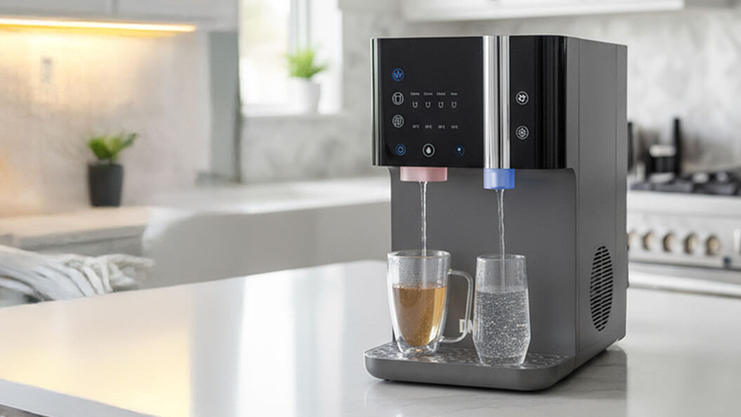 DNA Water Bar in a bright kitchen with glasses of purified water