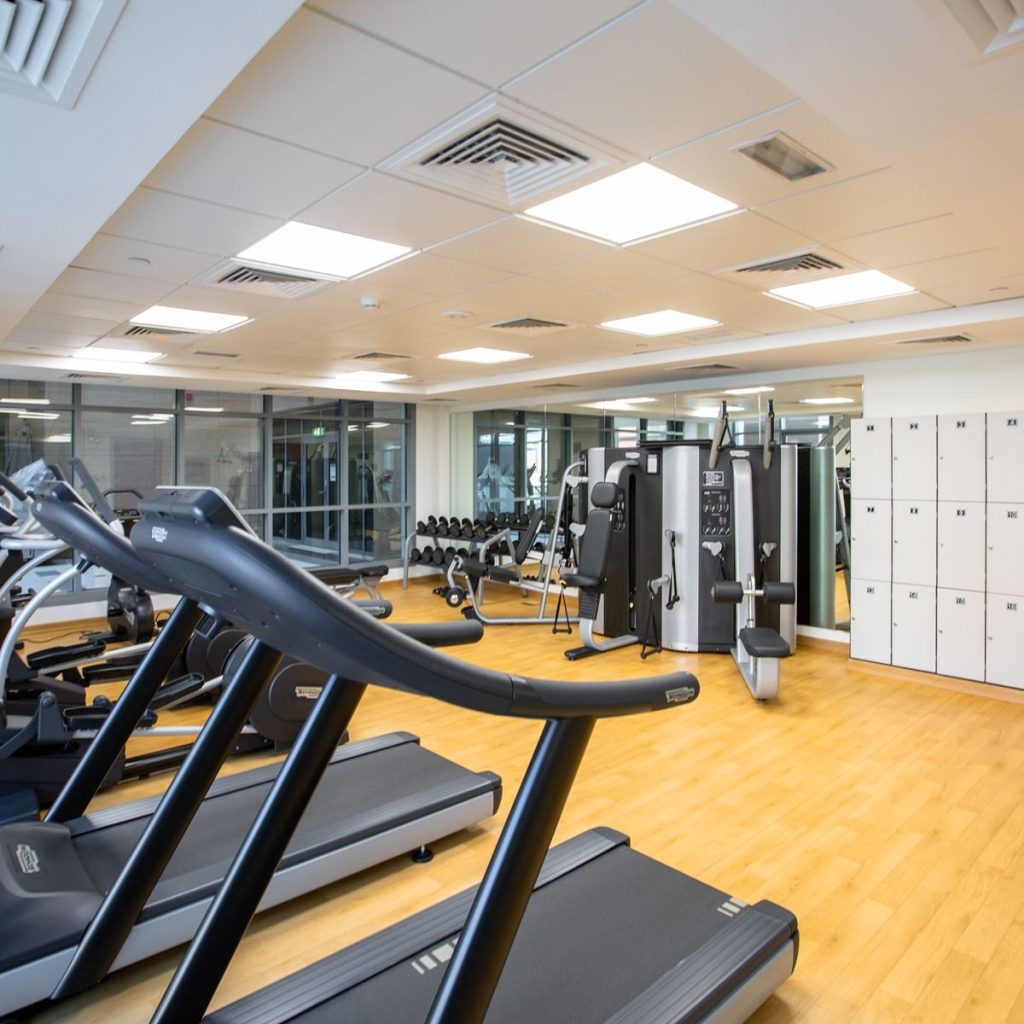 Gym interior with treadmills and weight machines