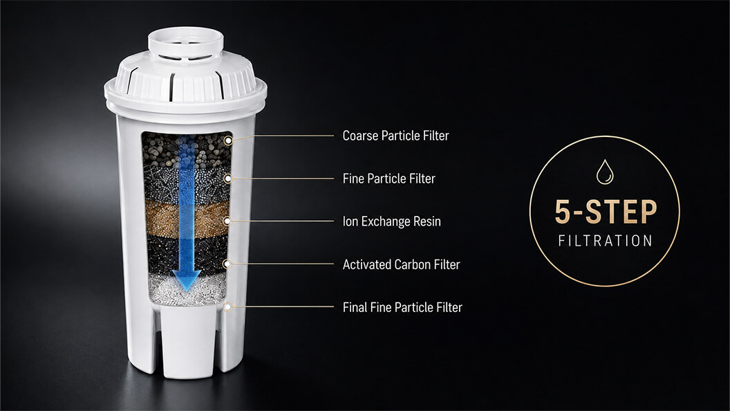 DNA Water Cooler universal filter showing its five filtration steps