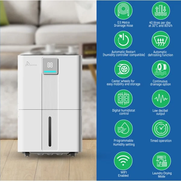 GMC 40L Wi-Fi dehumidifier in a living room with its feature list