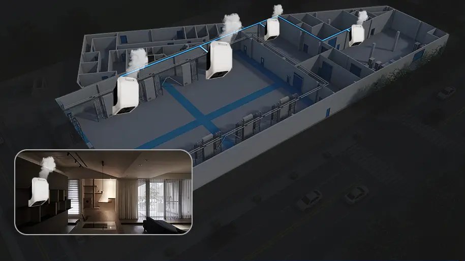 Building layout showing several Keri KR300-6G humidifiers linked for large-area coverage