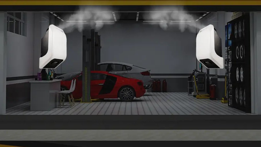 Two Keri KR300-6G humidifiers wall-mounted in a vehicle workshop