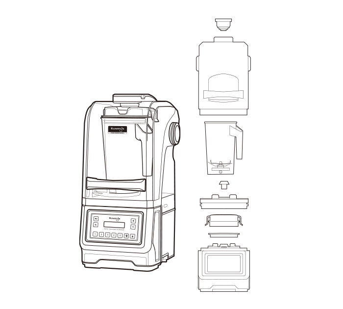 Diagram of the Kuvings CB1000 components including container, vacuum lid and sound enclosure