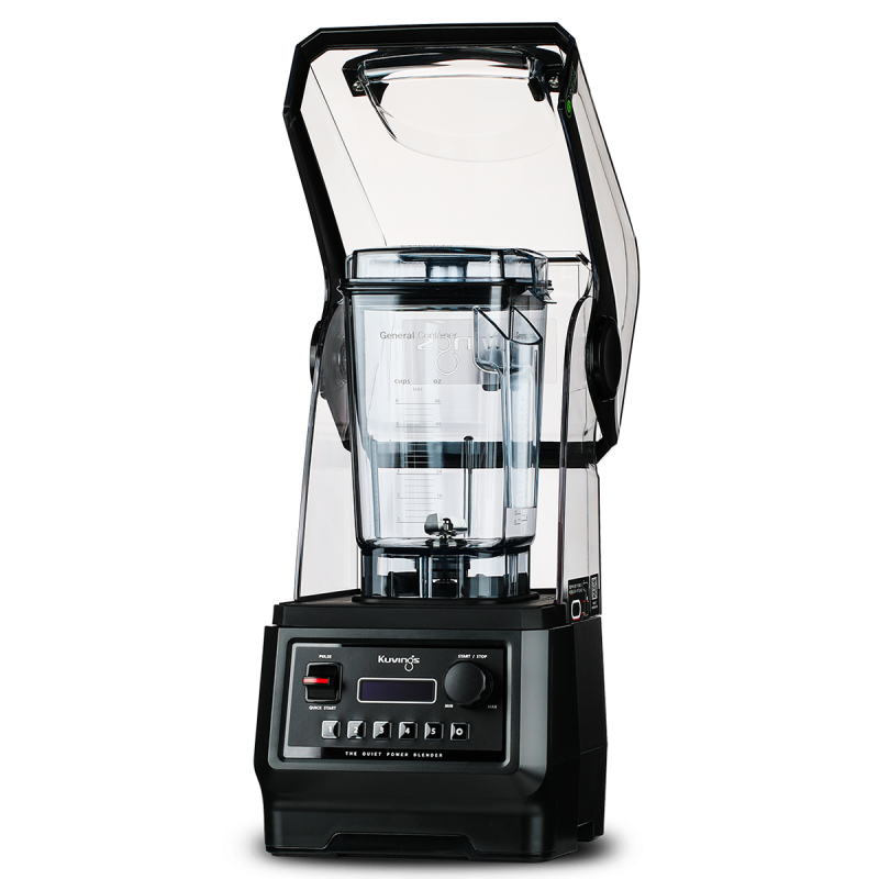 Kuvings CB850 commercial blender seen from an angle with the hood raised