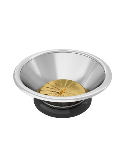 The Zumex Multifruit titanium shredding disc seated in its stainless steel filter basket