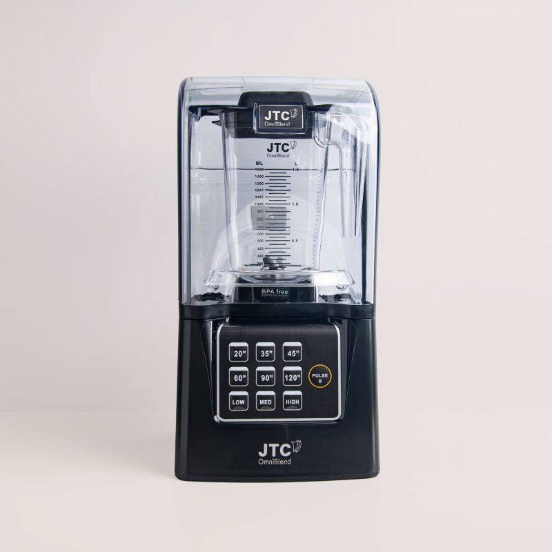 OmniBlend V+ Commercial Blender with Sound Cover OmniBlend V+ commercial blender in black with built-on sound cover, 1.5L jug and six-timer touchpad