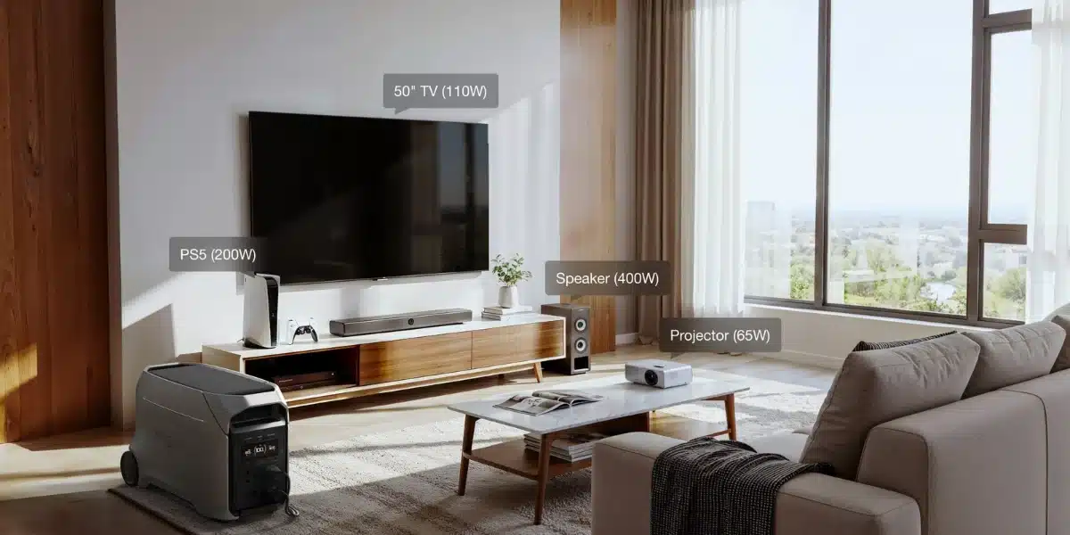 EcoFlow DELTA 3 Ultra Plus in a living room powering a TV and lights