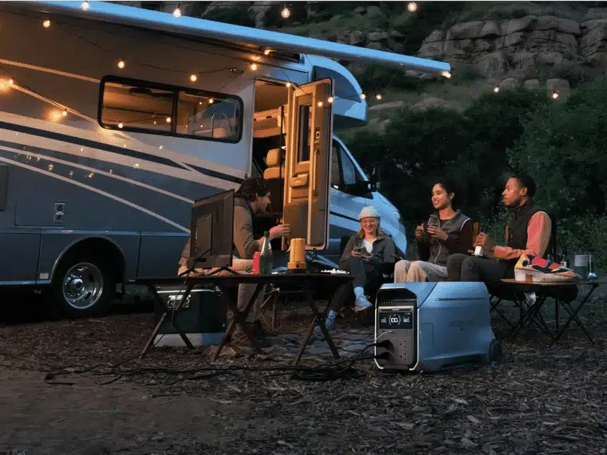 EcoFlow DELTA Pro 3 at a campsite beside a motorhome