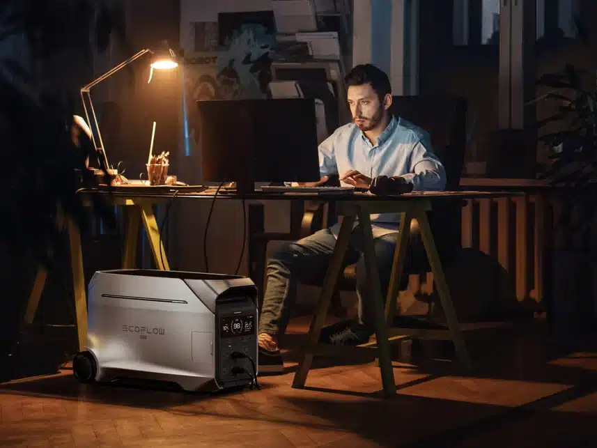 EcoFlow DELTA Pro 3 running a home office at night during a power cut