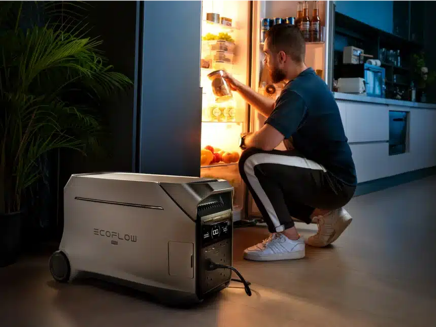 EcoFlow DELTA Pro 3 running a kitchen fridge at night during an outage