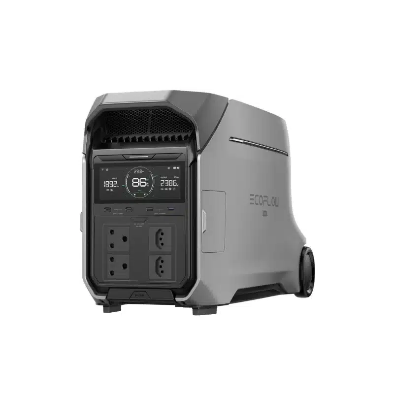 EcoFlow DELTA Pro 3 portable power station, three-quarter view EcoFlow DELTA Pro 3 portable power station, three-quarter view