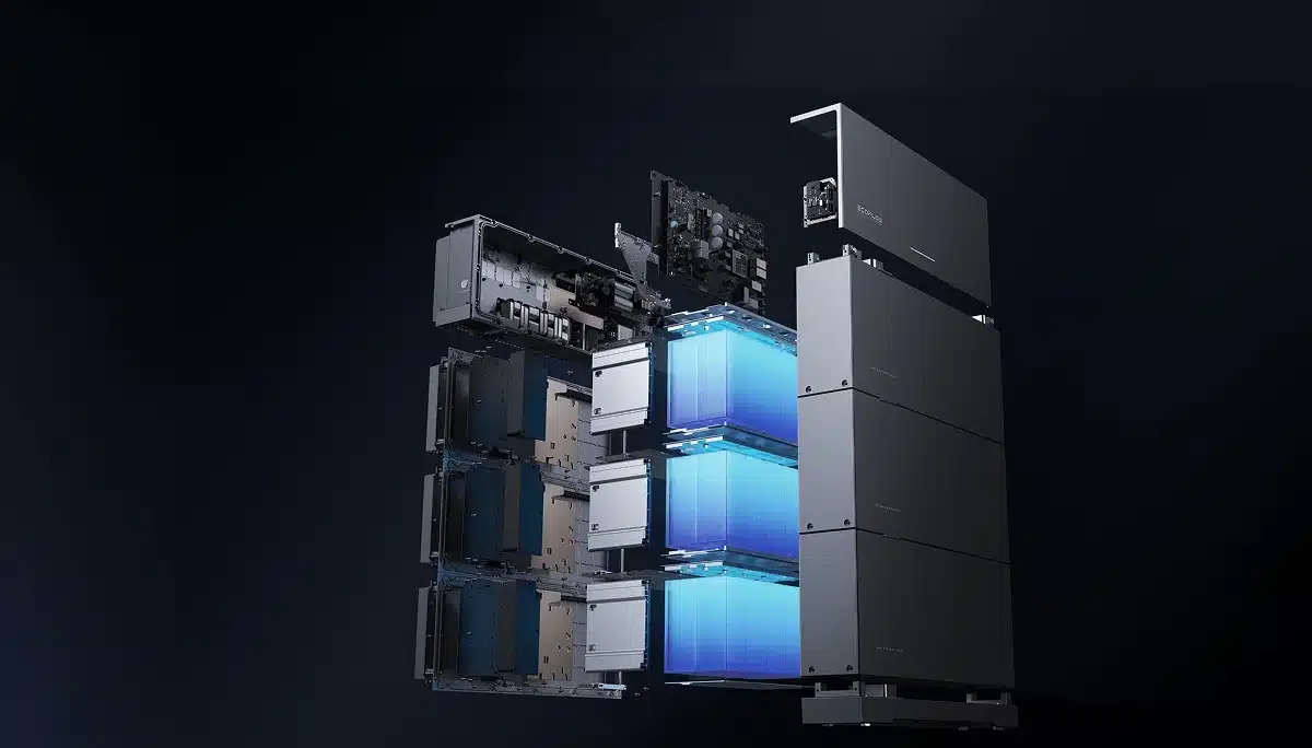 Exploded view of an EcoFlow OCEAN 2 battery stack showing the LFP cells