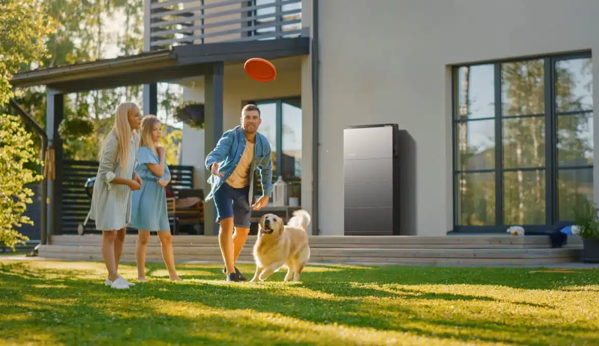EcoFlow OCEAN 2 Plus Single-Phase on a garden wall beside a family patio