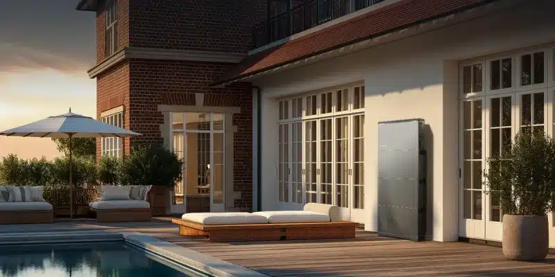 EcoFlow OCEAN 2 Plus Single-Phase inverter and batteries on an outside wall beside a pool
