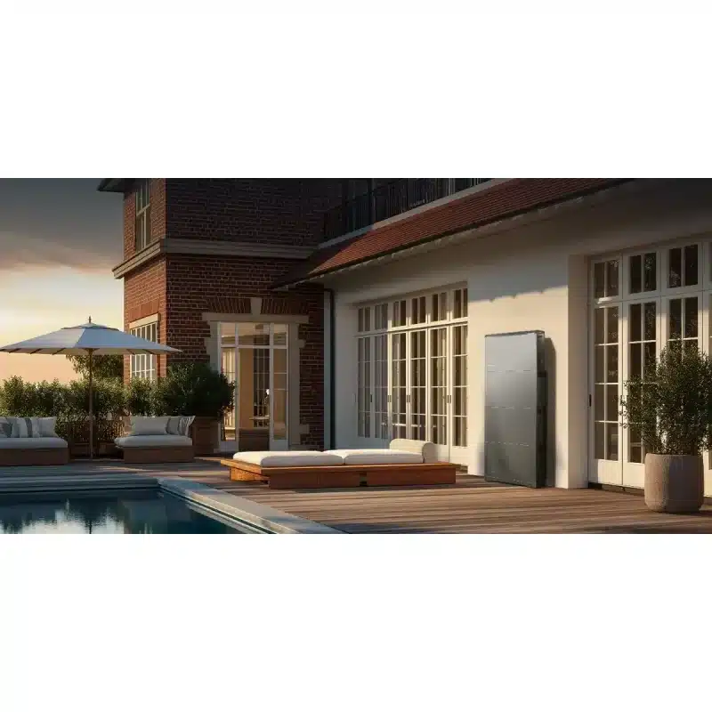 EcoFlow OCEAN 2 Plus Single-Phase inverter and batteries on an outside wall beside a pool