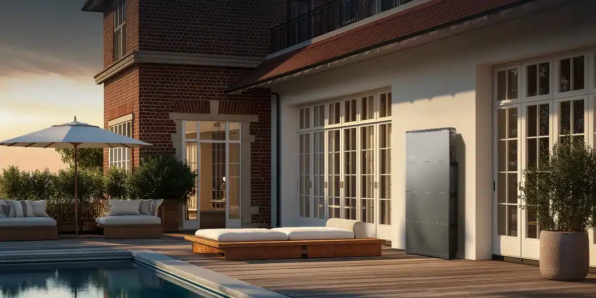 EcoFlow OCEAN 2 Plus Single-Phase inverter and batteries on an outside wall beside a pool