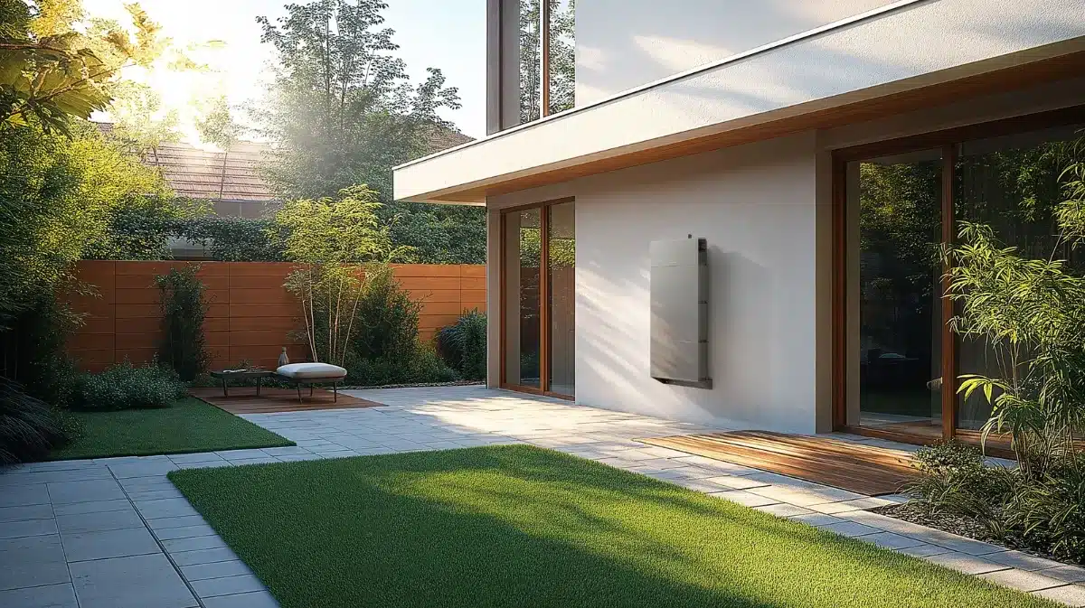 EcoFlow PowerOcean Single-Phase wall-mounted on a patio wall beside a garden