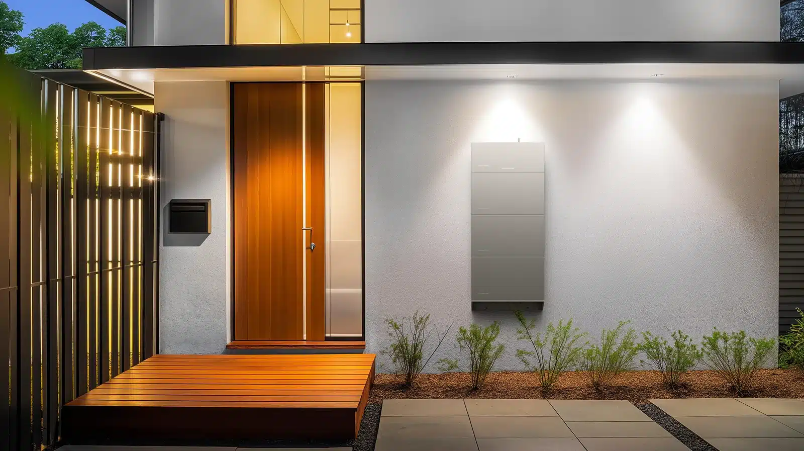 EcoFlow PowerOcean Single-Phase wall-mounted outdoors beside a front entrance