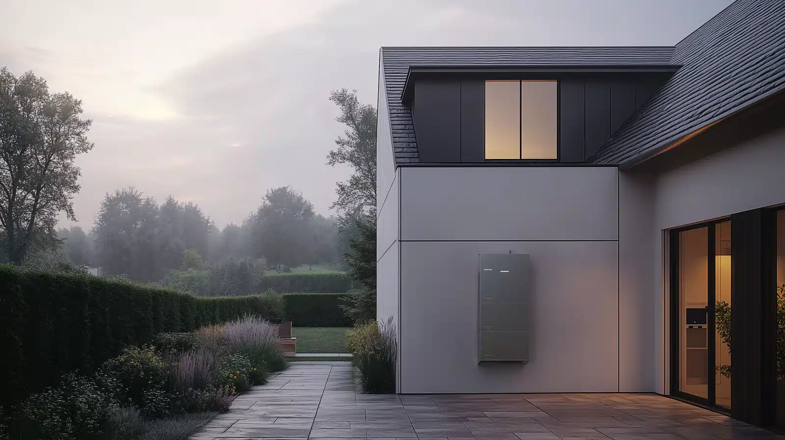 EcoFlow PowerOcean Single-Phase wall-mounted on an exterior wall at dusk