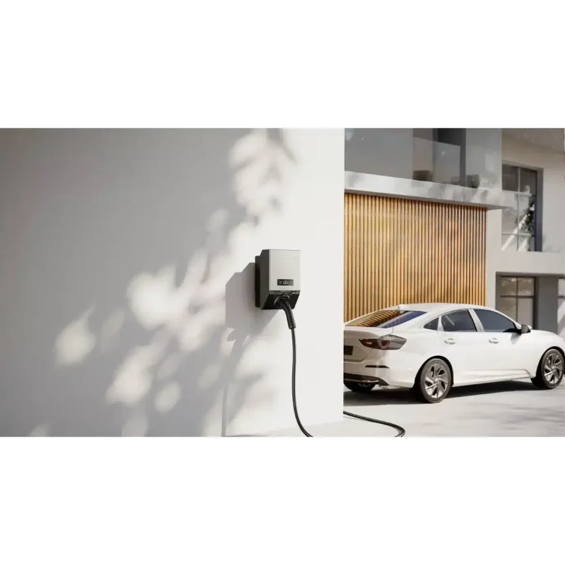 EcoFlow PowerPulse 2 EV charger on a wall beside an electric car