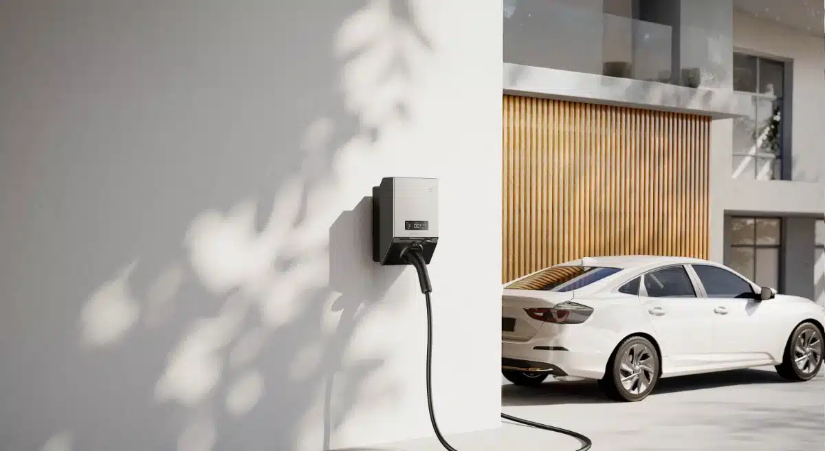 EcoFlow PowerPulse 2 EV charger on a wall beside an electric car