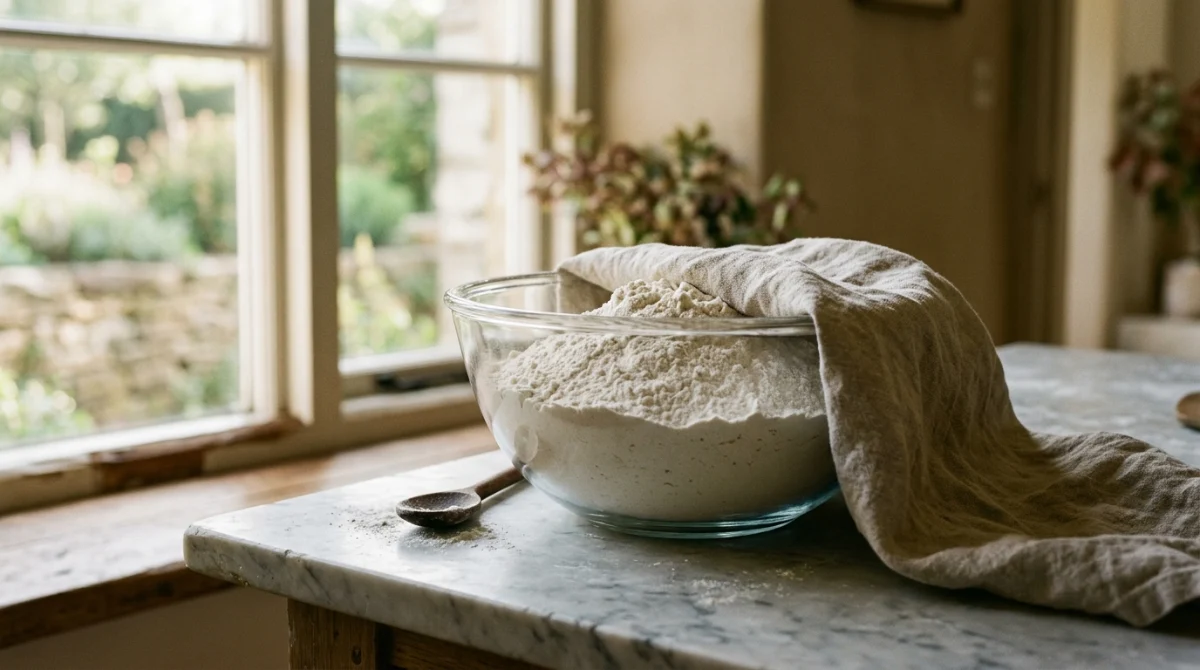 A bowl of freshly milled flour resting under a linen cloth on a counter