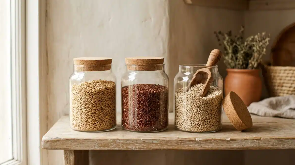 Glass jars of whole grain stored on a kitchen shelf with a wooden scoop