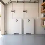 Two Huawei Power-M 10kWh units installed side by side in a garage, 10kW and 20kWh in total