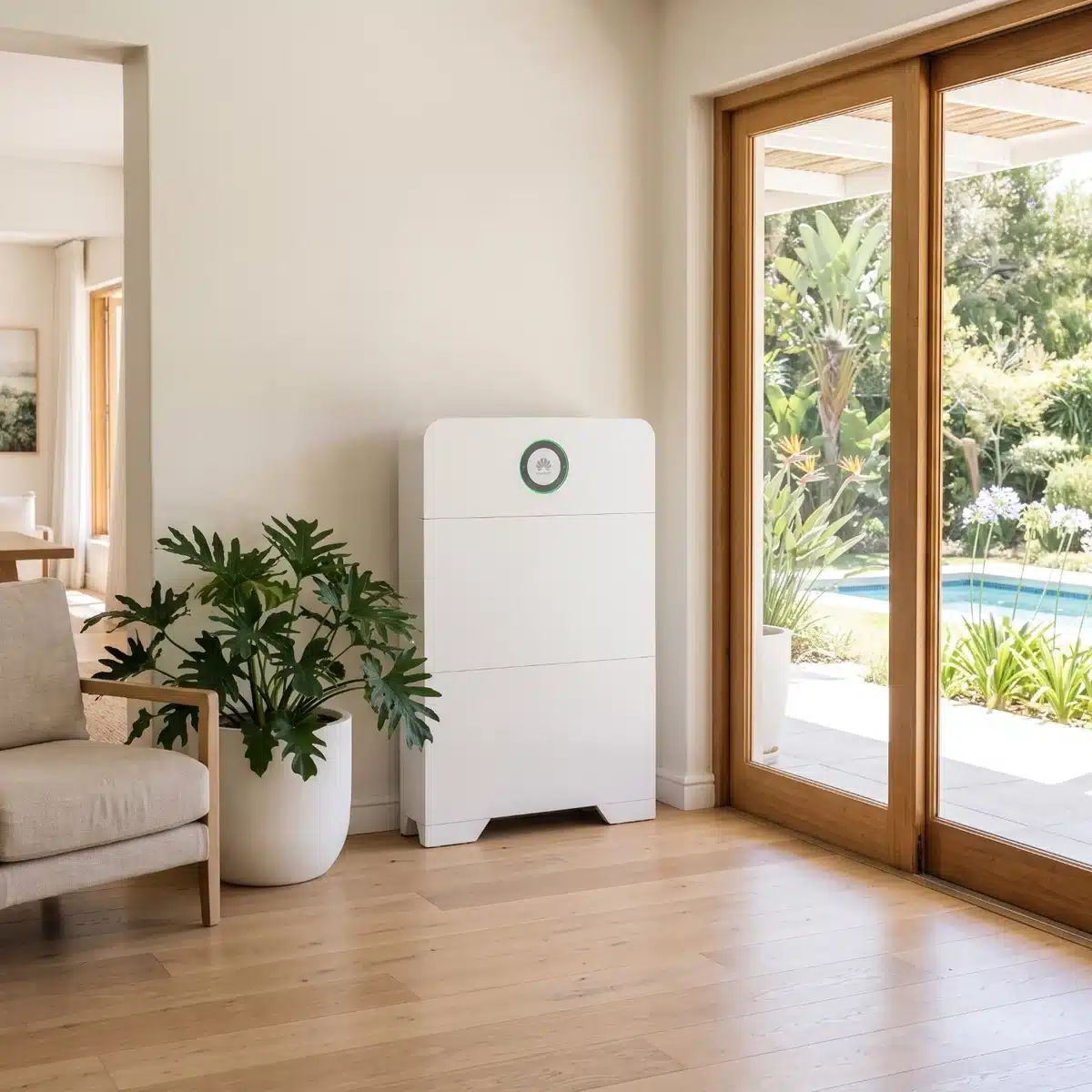 Huawei Power-M 10kWh beside timber sliding doors in a living area
