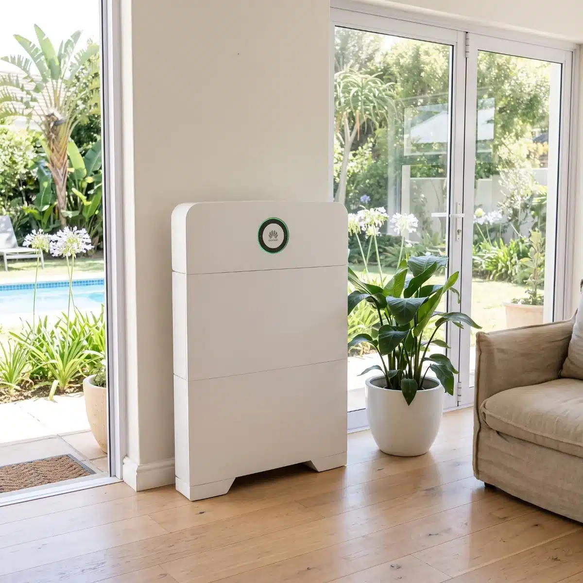 Huawei Power-M 10kWh in a living room near glass doors to the garden