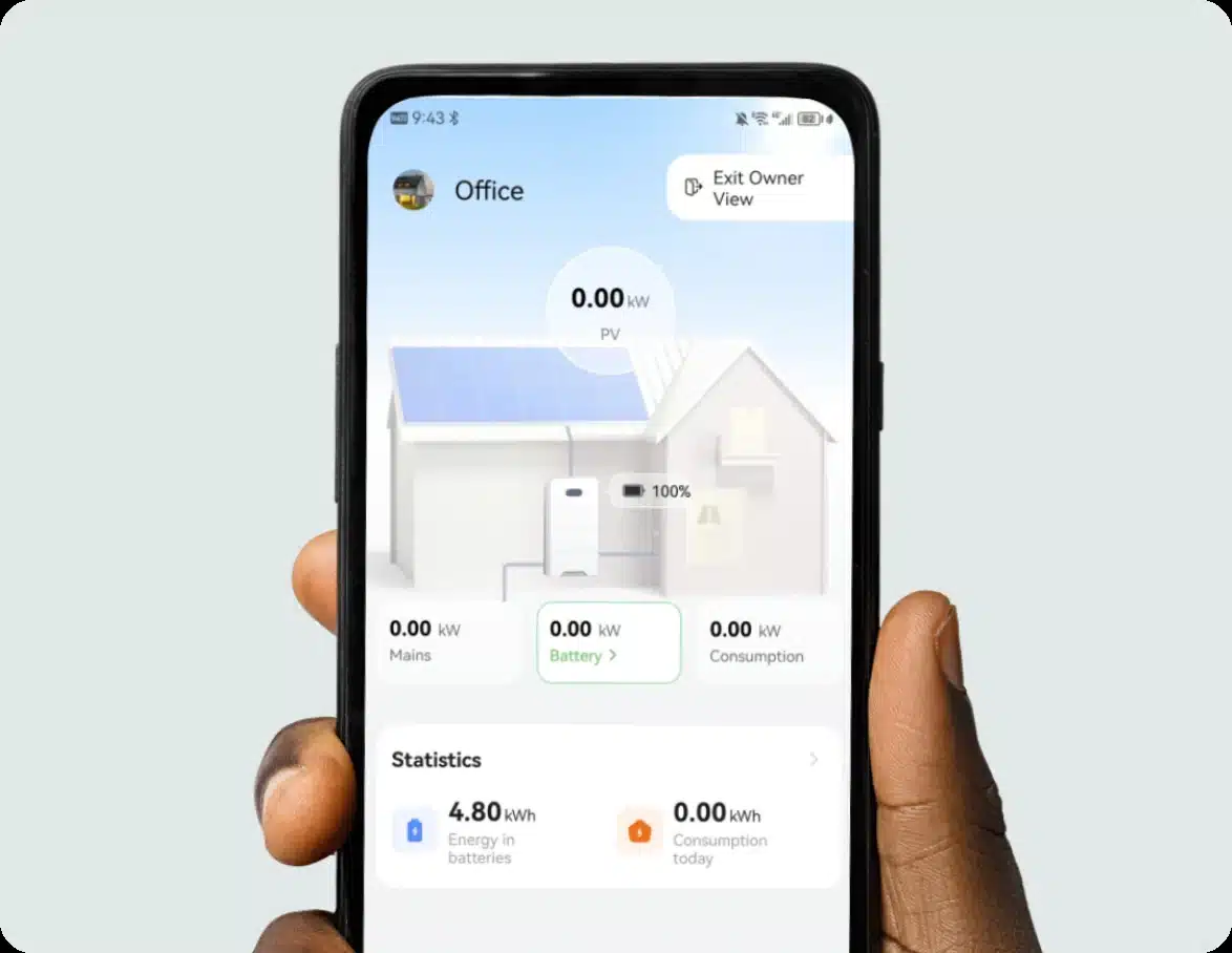 Huawei FusionSolar app showing a Power-M home system on a phone