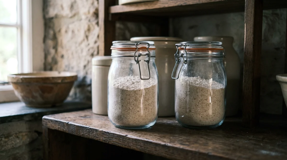 Sealed glass jars of fresh-milled flour stored on a cool pantry shelf