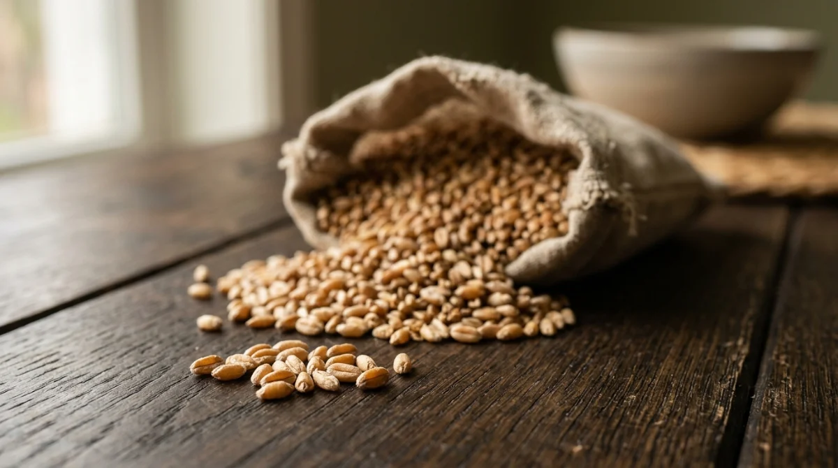 Whole wheat berries beside a linen sack, the raw material for all three grain mill types