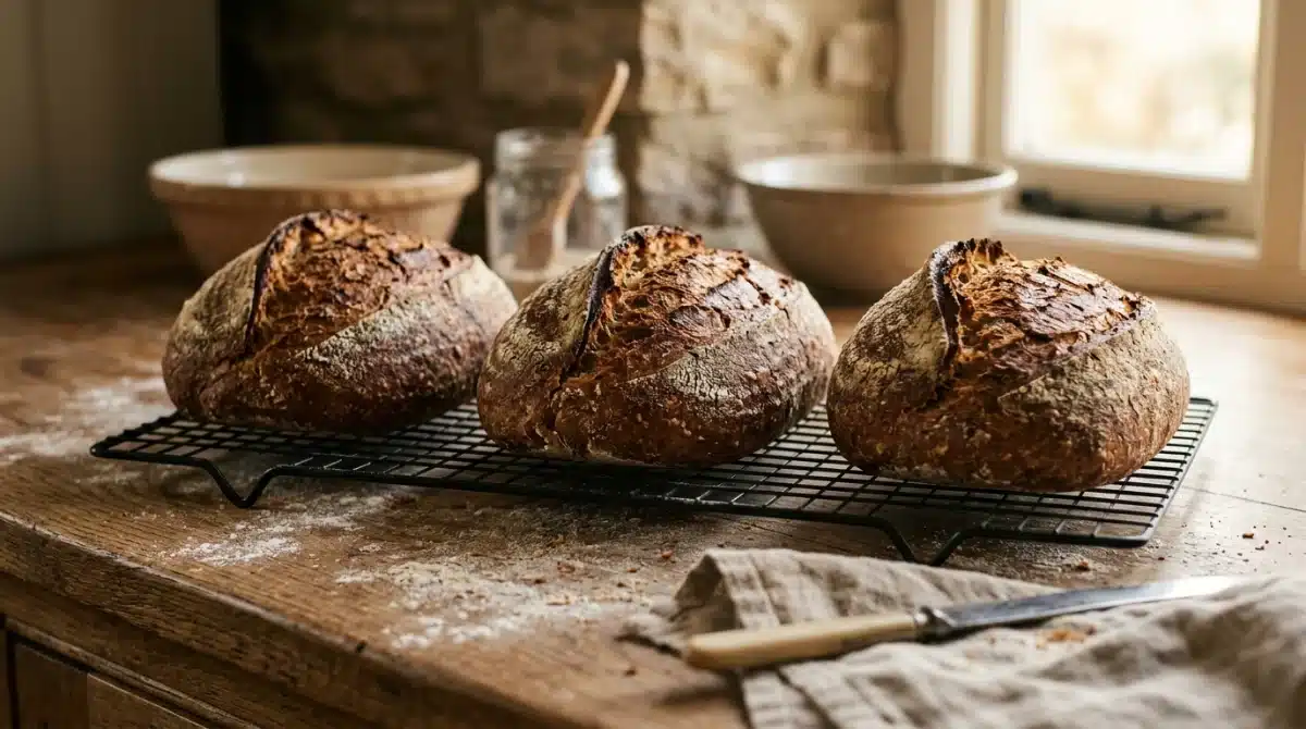 Three wholemeal loaves cooling on a wire rack after a batch bake
