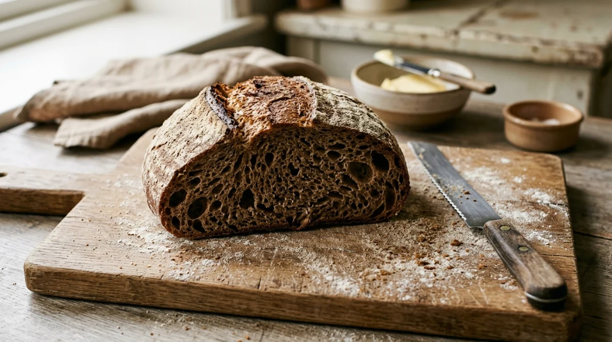 A cut wholemeal sourdough loaf showing an open crumb